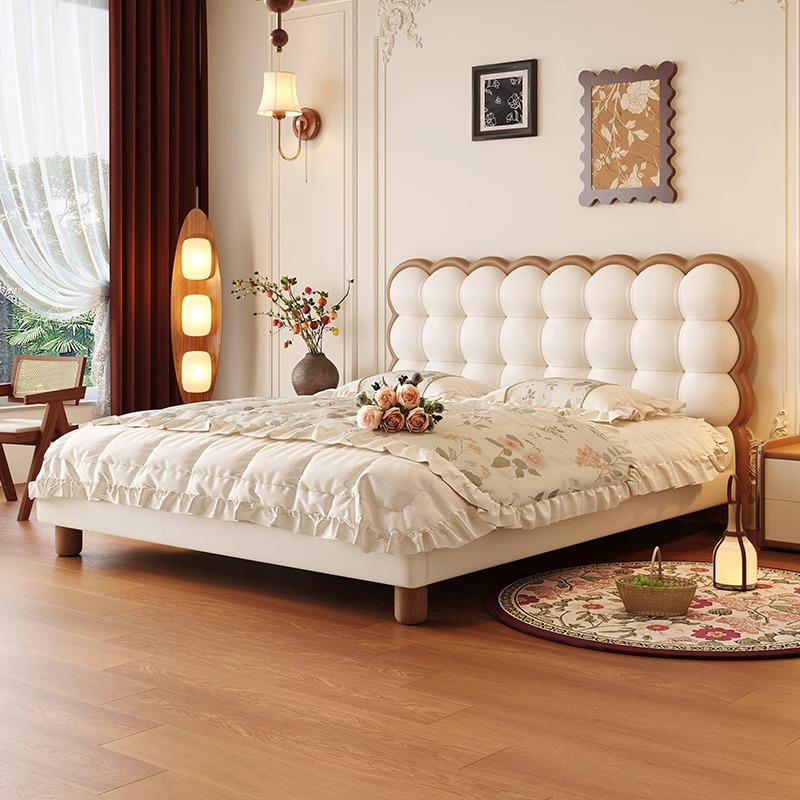 【苏宁专属】饼干床全实心实木头层牛皮主卧大床软靠包床现代简约轻奢高清大图