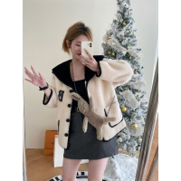 甜美领赫本配色进口澳洲羊羔毛羊剪绒皮草一体外套女年轻_814 L 米白色