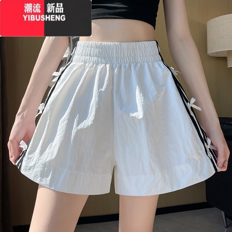 YIBUSHENG大码蝴蝶结休闲短裤女2024季薄款速干运动裤高腰热裤宽松阔腿裤高清大图