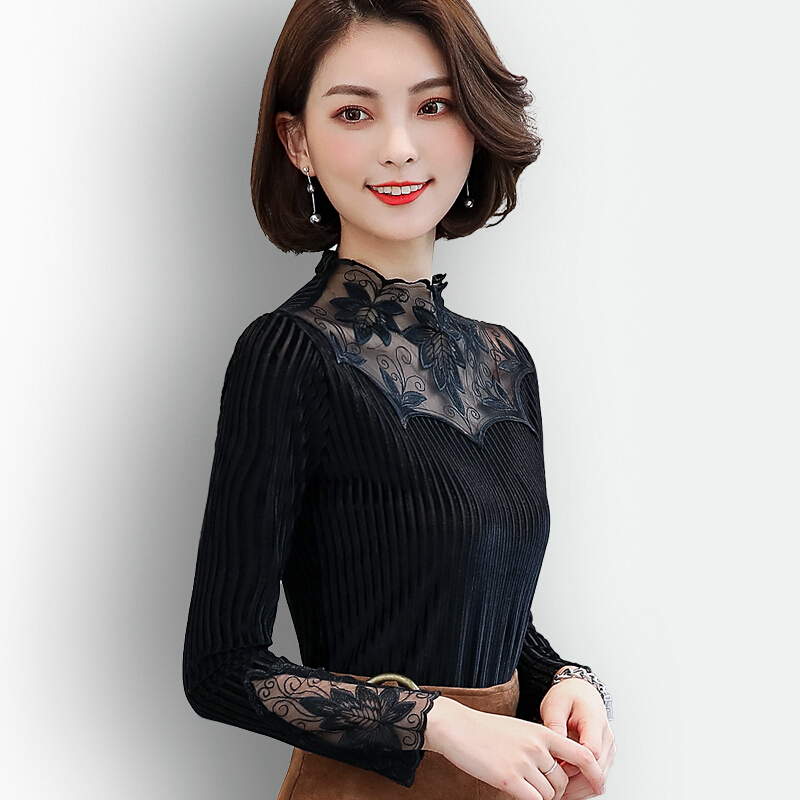 蕾丝衫女长袖2018春秋装修身百搭小衫立领上衣时尚镂空打底衫绿色薄款