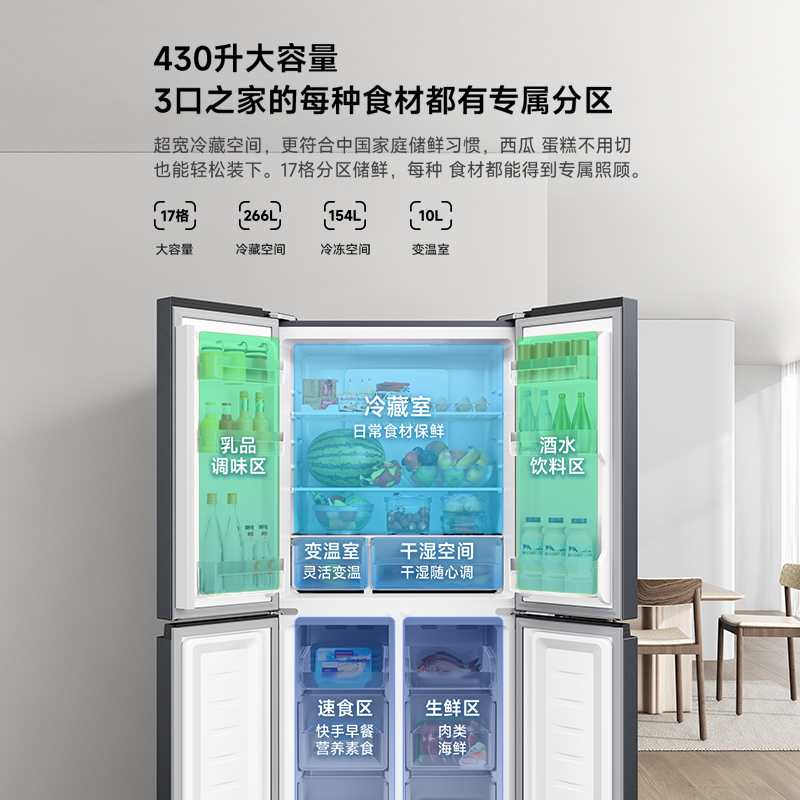 小米米家430升双变频一级能效十字双开门四开门家用电冰箱风冷无霜双档变温保鲜银离子除菌净味BCD-430WMSA高清大图