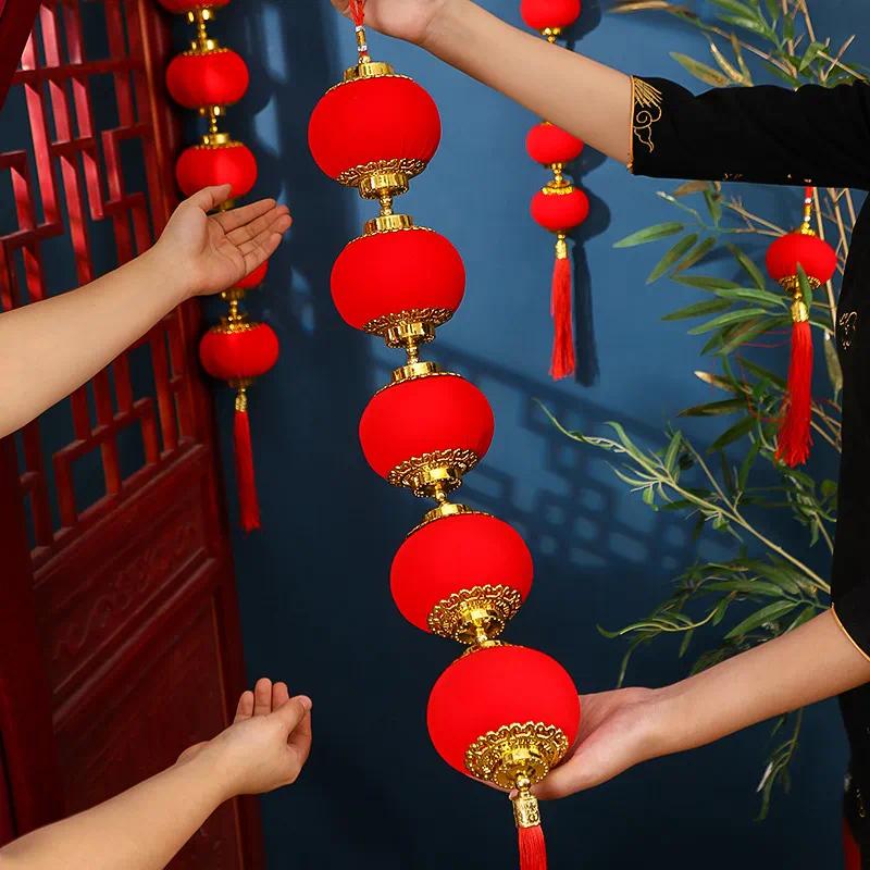 小灯笼串新年灯笼挂饰过春节布置挂件-【7#】绒面_全红灯笼3连串50个装高清大图