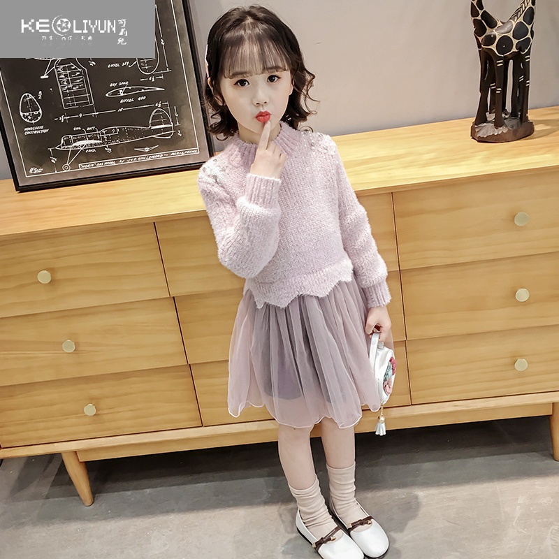 可莉允女童春冬装洋气连衣裙宝宝6八7九岁女孩加绒毛衣儿童时髦公主