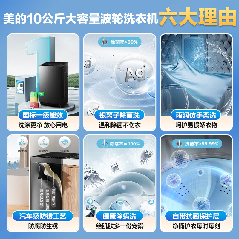 [苏宁自营]美的(Midea)全自动波轮洗衣机10公斤大容量V36DT升级款直驱变频宿舍租房家用MB10V56DT高清大图
