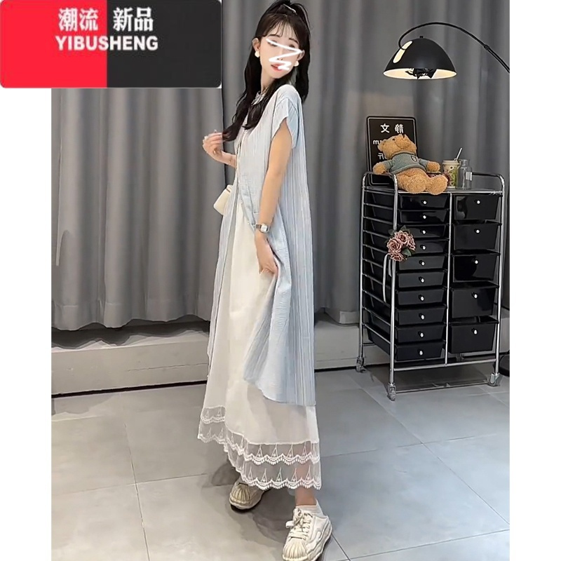 YIBUSHENG法式小个子蓝色条纹衬衫连衣裙子2024新款女装季松弛感宽松长裙
