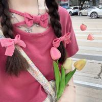 夏季日系软妹可爱小心机蝴蝶结韩版宽松百搭短袖T恤女学生短上衣 莓粉上衣 M