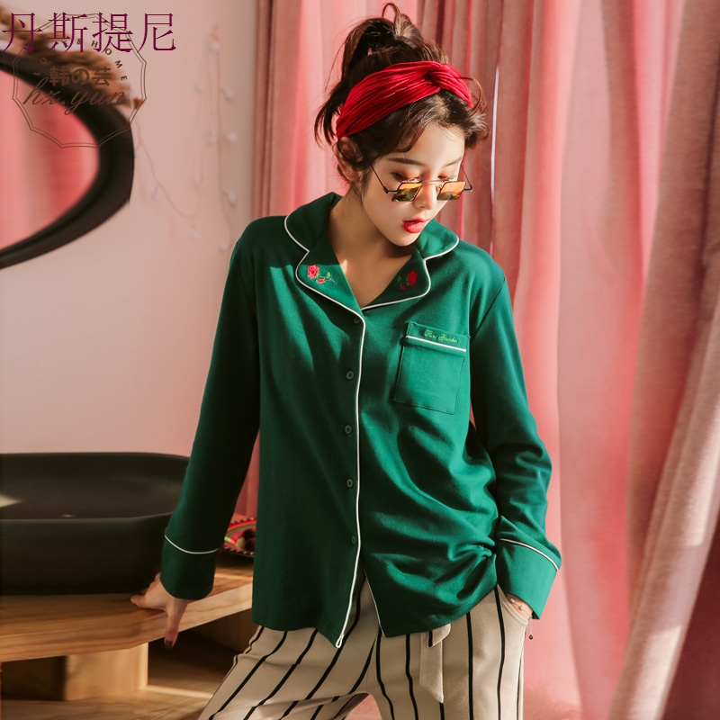 睡衣女春秋韩版长袖宽松大码甜美可爱学生红色纯棉家居服春款套装