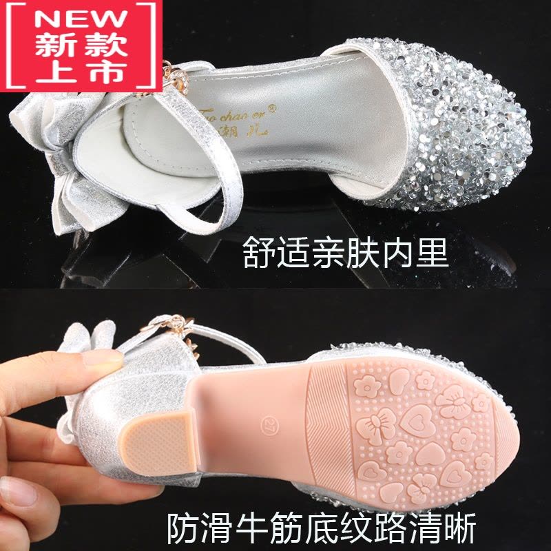 可莉允女童高跟皮鞋小公主演出鞋银色儿童搭配礼服中大童走秀舞台水晶鞋运动休闲鞋图片