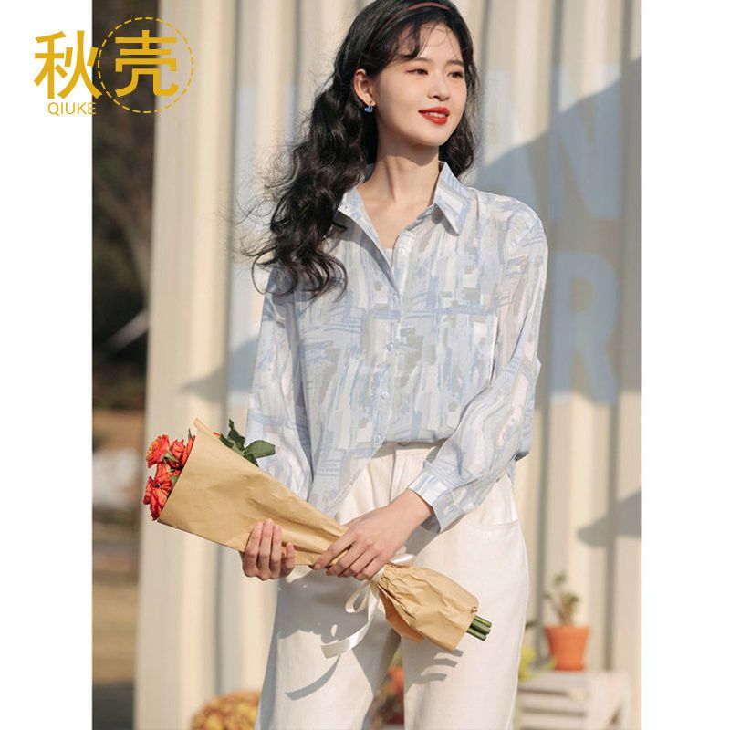 秋壳垂感衬衫女设计感小众2022夏季宽松长袖防晒衬衣雪纺碎花上衣