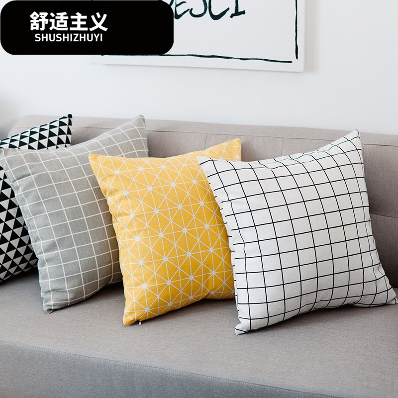 小清新北欧棉麻抱枕格子床头沙汽车靠垫抱枕套家纺大靠枕