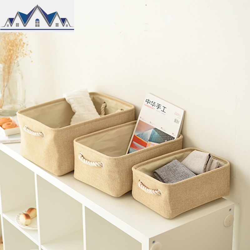 可水洗 日式简约抽带编织防水收纳篮脏衣篮玩具衣物储物箱 收纳箱 三维工匠 【小中大三件套】温馨米