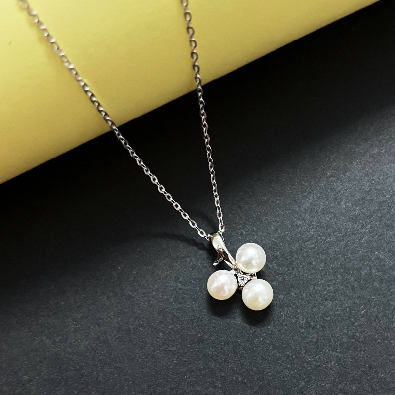 北京黄金 925 银天然珍珠三珠项链 三角锆石轻奢通勤送礼套链高清大图