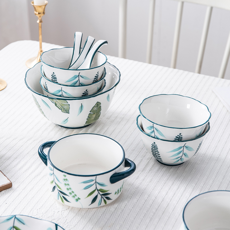 凌天 景德镇北欧绿荫小清新陶瓷四人食餐具家用套装餐盘菜盘汤盘泡面碗马克杯碗盘套装高清大图