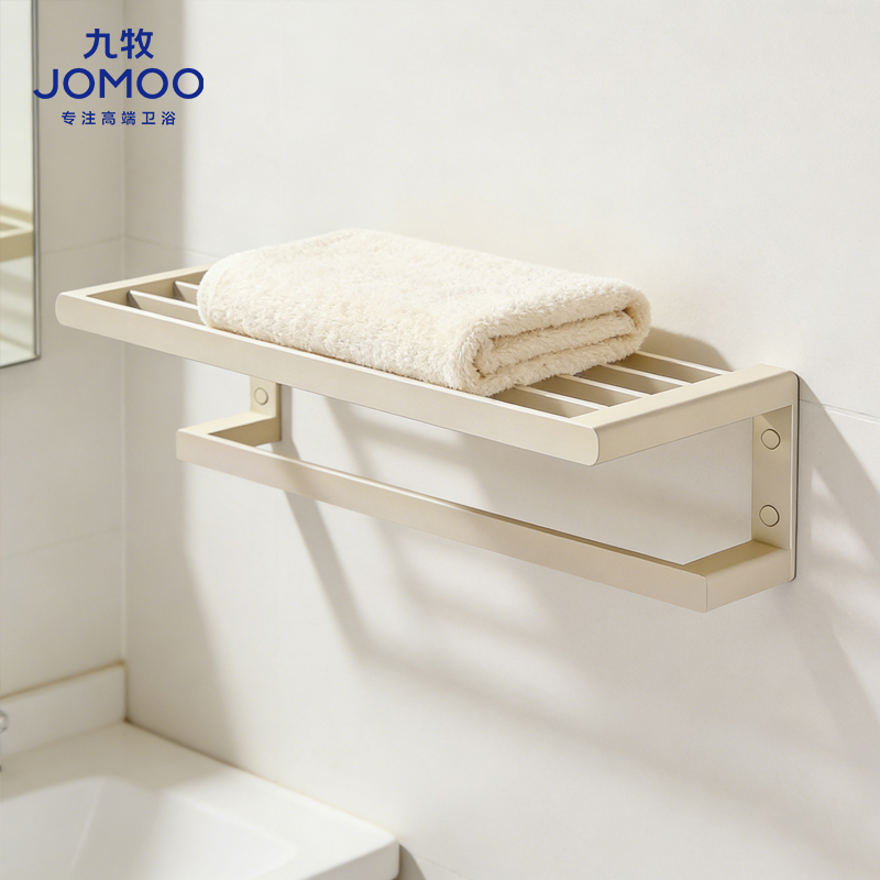 九牧(JOMOO)卫浴白色浴巾架毛巾杆奶油风浴室挂件卫生间置物架双层太空铝936017-P2-1高清大图
