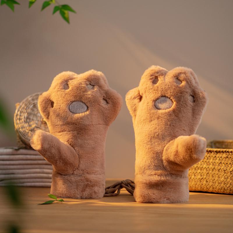 新款韩版冬天女学生可爱棉毛绒熊爪手套冬季ins加绒圣诞保暖挂脖连指