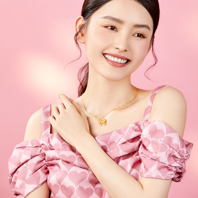 梦金园在逃公主甜美蝴蝶结黄金吊坠珍珠手链硬金挂坠足金首饰礼物