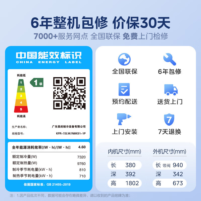 美的(Midea)空调3匹p酷省电新一级智能全直流变频冷暖立式柜机节能省电客厅家用圆柱KFR-72LW/N8KS1-1P高清大图