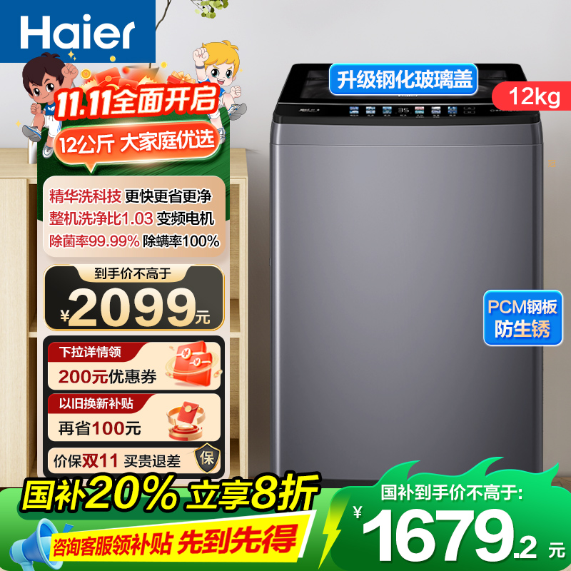 海尔(Haier) 12公斤 变频 全自动 波轮洗衣机 精华洗 除菌螨 玻璃盖 仿手搓 XQB120-BSE30L2