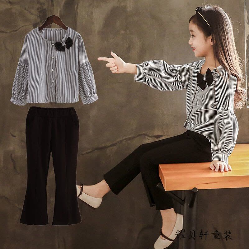 迪鲁奥(DILUAO)女童洋气套装2021新款春秋装时髦两件套装儿童上衣长袖衬衫喇叭裤 黑色图片