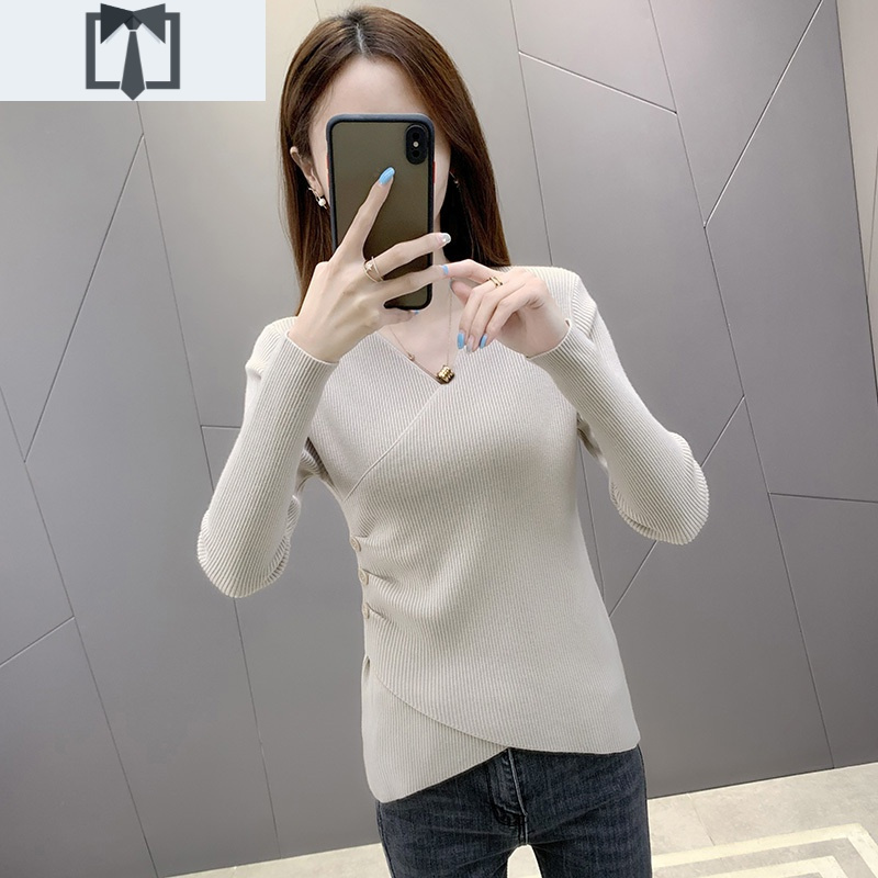 SUNTEK交叉v领打底衫女春季新款女装短款长袖套头针织衫不规则修身毛衣毛衣