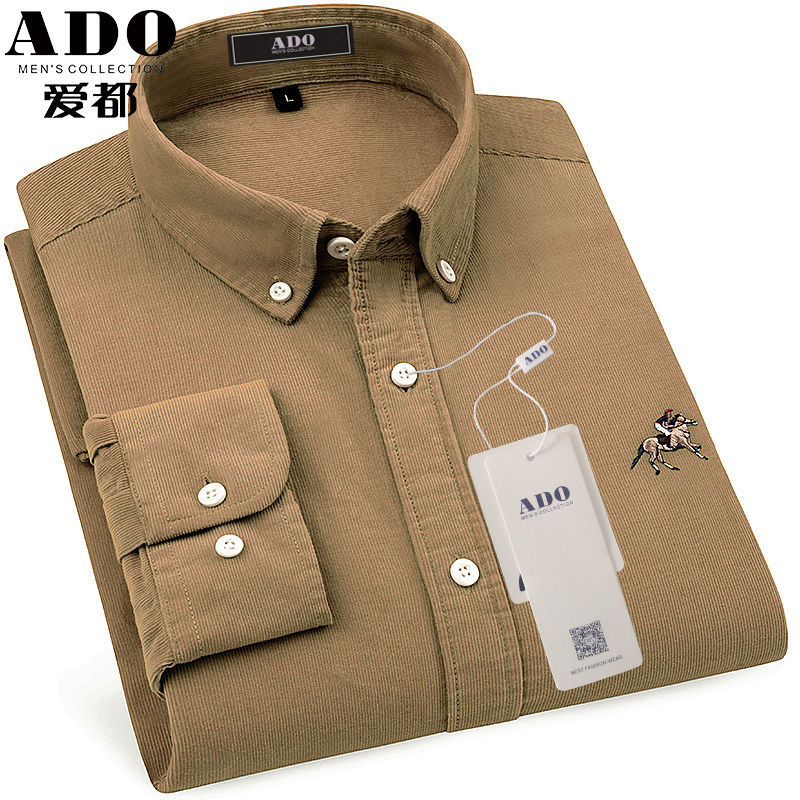 爱都纯棉灯芯绒衬衫男装高档衬衣春秋季纯色商务休闲条纹宽松上衣