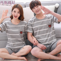 情侣条纹睡衣男士睡衣女夏季纯棉短袖短裤可爱卡通少女家居服套装