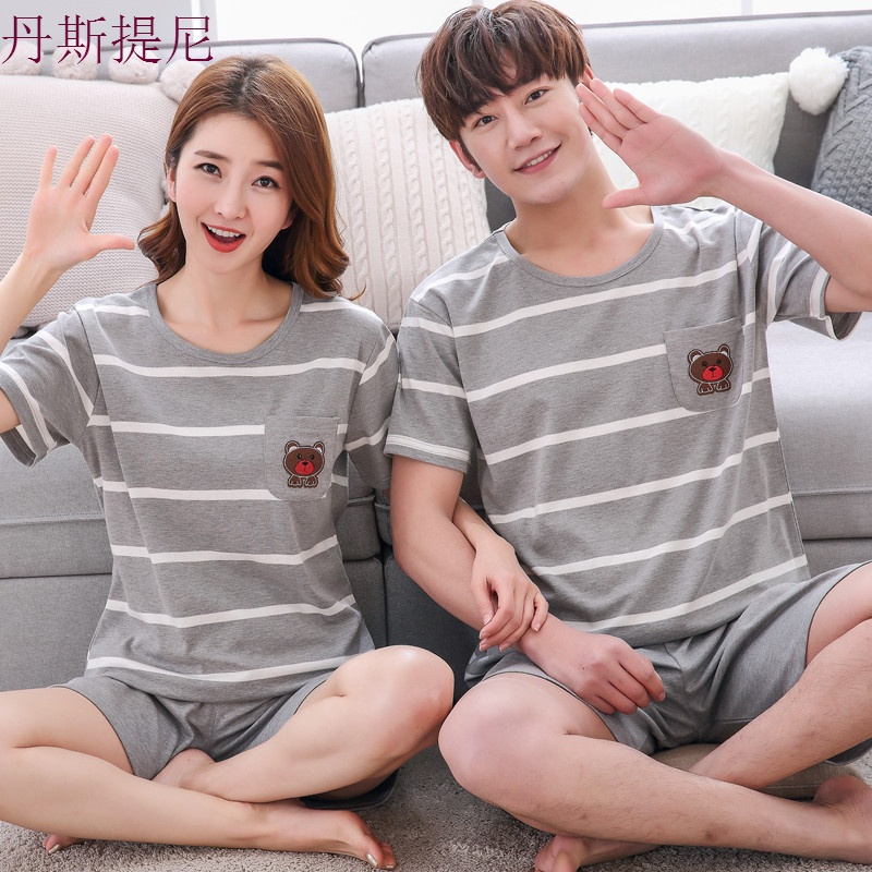 情侣条纹睡衣男士睡衣女夏季纯棉短袖短裤可爱卡通少女家居服套装