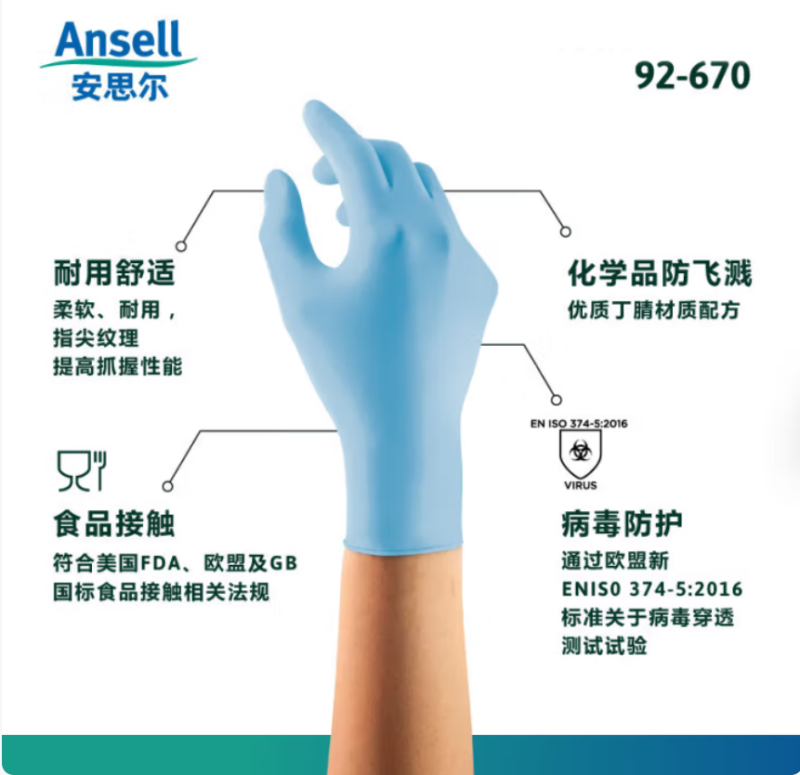 安思尔(Ansell)丁腈无粉手套92-670 100只/盒 M码 个人防护:盒