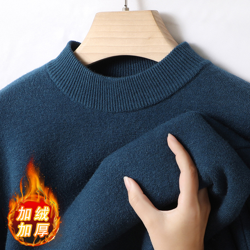 一体绒半高领毛衣男2025秋冬加绒加厚纯色保暖打底男士针织衫高清大图