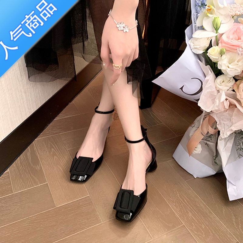SUNTEK蝴蝶结包头凉鞋女夏季2023新款法式一字带粗跟单鞋方扣中空高跟鞋