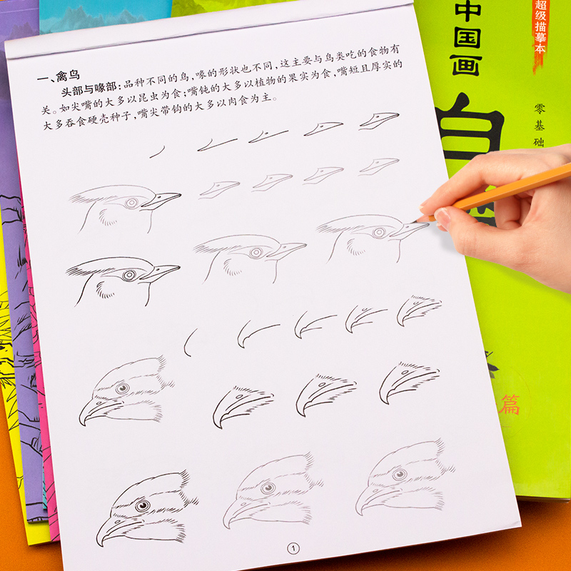 单本[山水篇] [正版]儿童中国画白描入门描摹本全6册 古风国画白描底稿临摹画册国风人物花卉山水书法控笔白描线稿本成人初高清大图