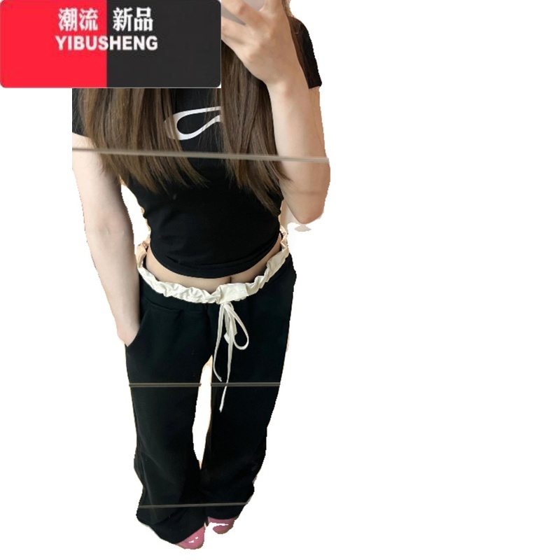 YIBUSHENG国潮牌拼接撞色高腰冰丝休闲裤女季宽松阔腿设计感别致百搭长裤高清大图