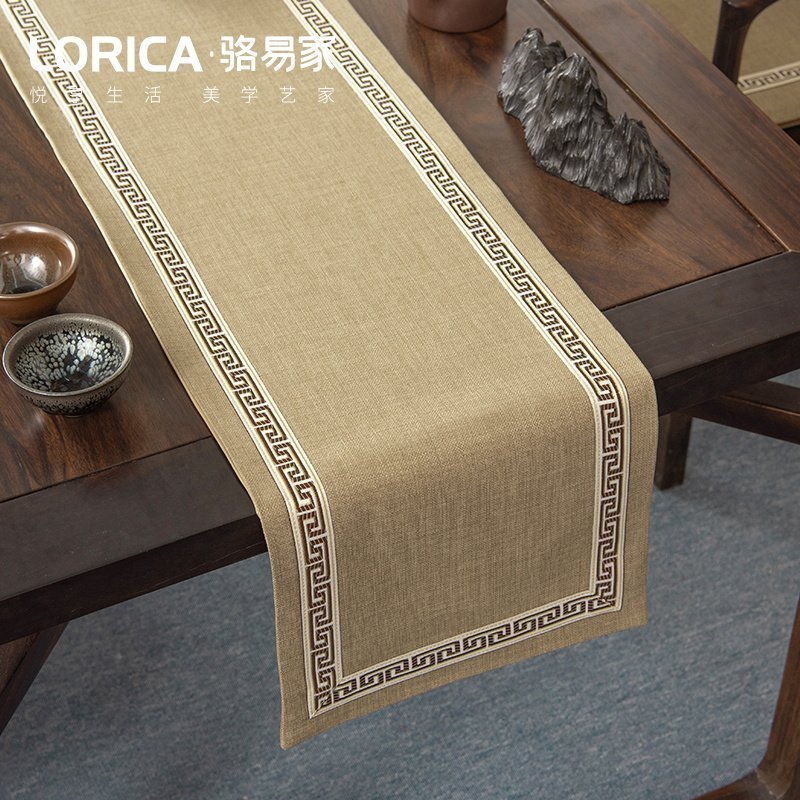 美式桌旗新中式禅意茶旗布现代简约茶几餐桌北欧电视 福延年-麻色(平角款) 33*280cm(适用桌长2.3米-2.4米)