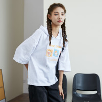 [1.5折价39元叠加优惠券]唐狮夏卫衣女纯棉连帽七分袖上衣t恤卡通印花可爱ins