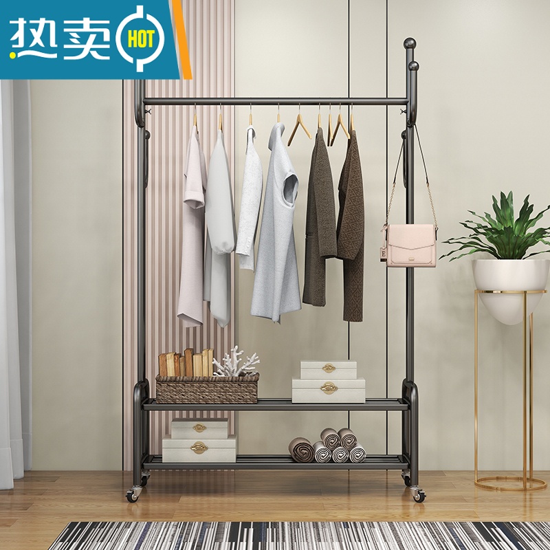 敬平衣帽架简易落地晾衣杆租房省空间晾晒挂衣服架室内床头挂衣杆带轮 白色长60高175配2.0轮子晾晒架高清大图