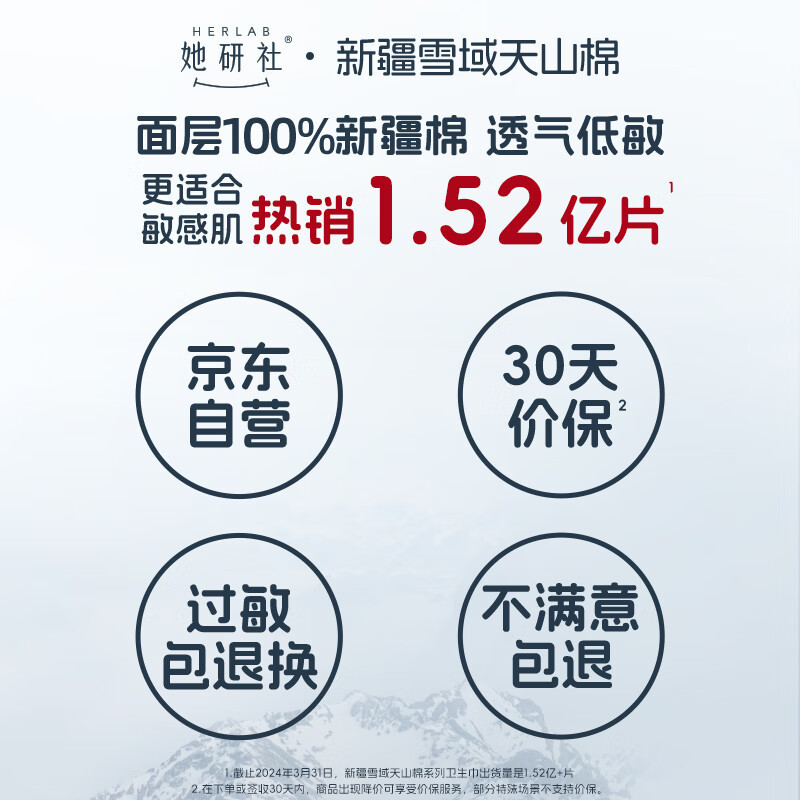 她研社(Herlab )新疆棉卫生巾 超薄瞬吸姨妈巾 量多日用/夜用290mm6片高清大图