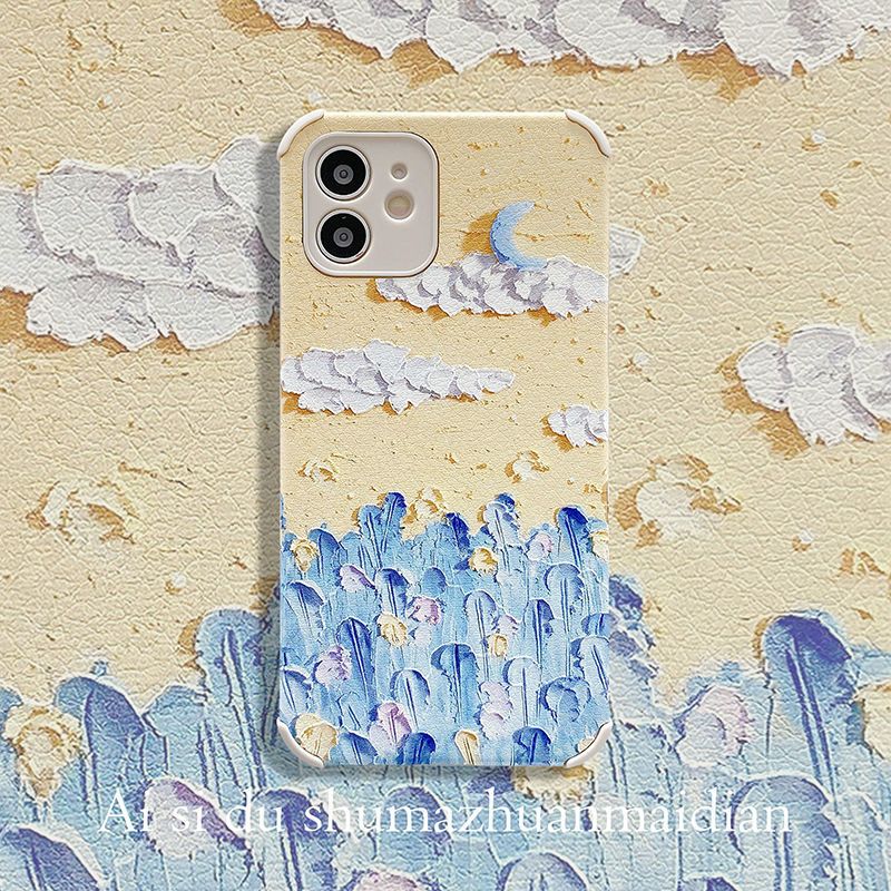 油画云朵月亮iPhone11/12pro手机壳7/8plus苹果Xsmax珍珠链女6/6s 油画云朵风景-单壳 苹果se