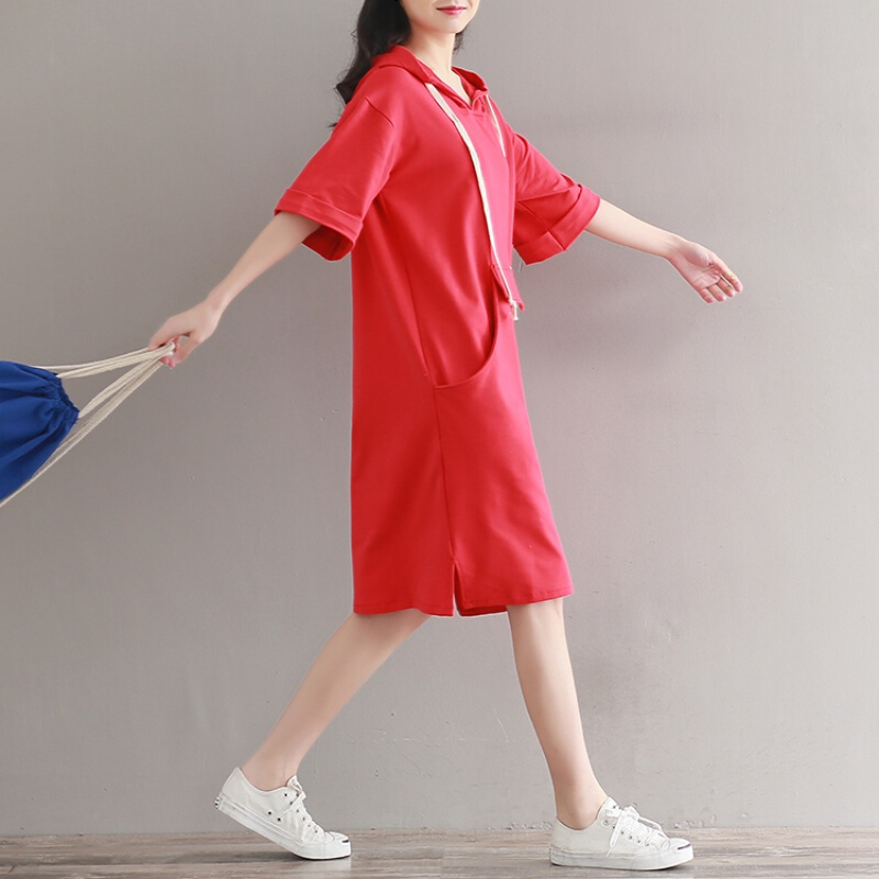 微胖女装大码夏新款森女系文艺宽松百搭连帽短袖中长款卫衣连衣裙