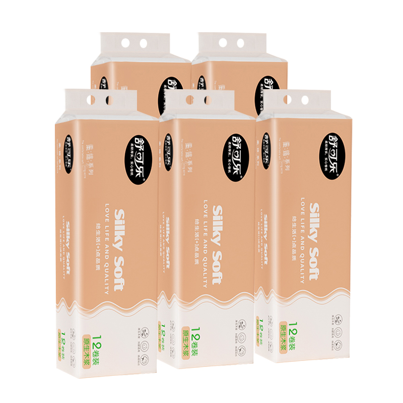 舒可乐 细韧绵柔 60卷/5提家用卫生卷纸 五层加厚柔软舒适湿水不易破实惠装纸巾原生木浆无芯手纸纸巾 母婴可用