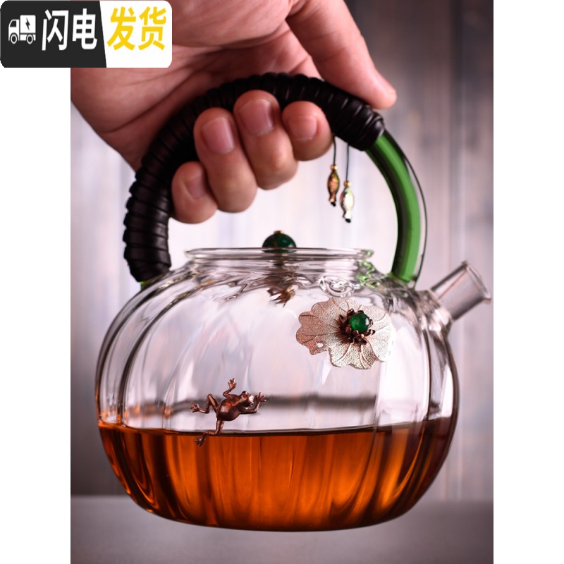 三维工匠耐热玻璃茶壶加厚可高温单壶可加热煮茶器家用功夫茶具泡茶壶水壶 绿把壶镶银款式一(送2小杯)高清大图