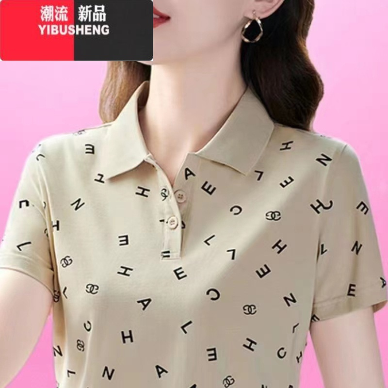 YIBUSHENG季新款翻领polo衫女短袖t恤大码妈妈装印花有带领显瘦体恤上衣