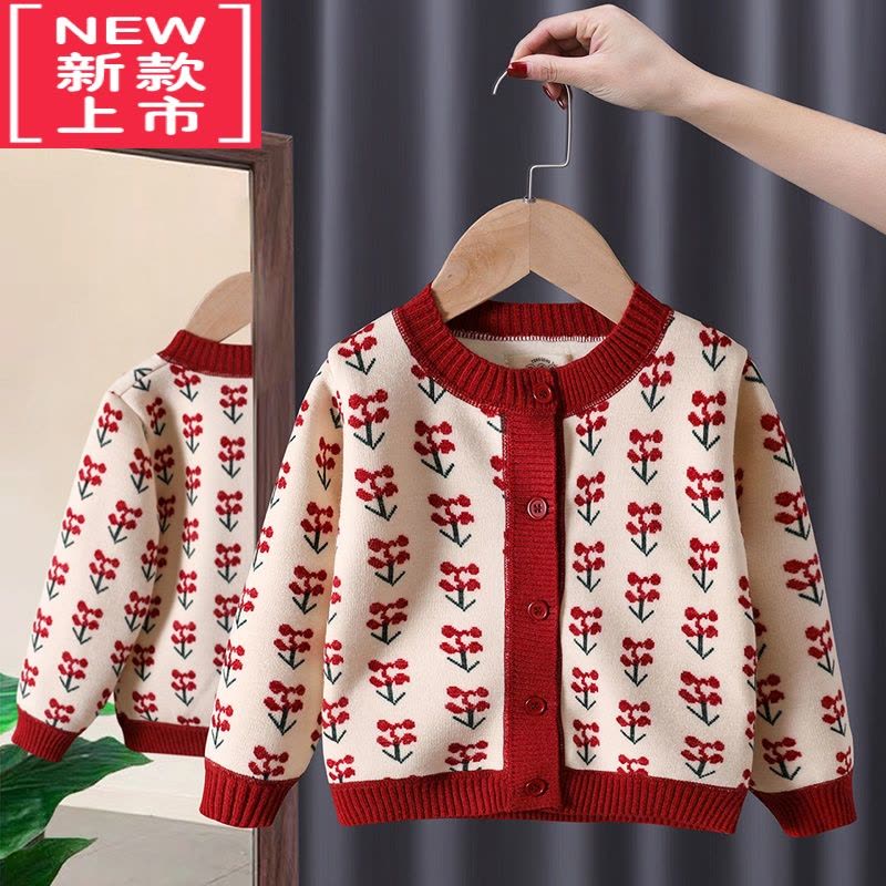 可莉允女童韩系针织开衫童装2022秋款儿童宝宝春装洋气蕾丝花边薄款毛衣图片