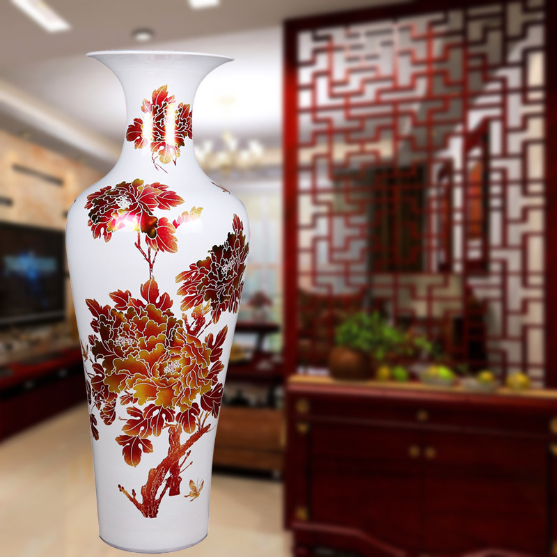 落地大花瓶中国红色牡丹客厅新房中式装饰1米大号摆件 三维工匠 白色牡丹1.3米送底座高清大图