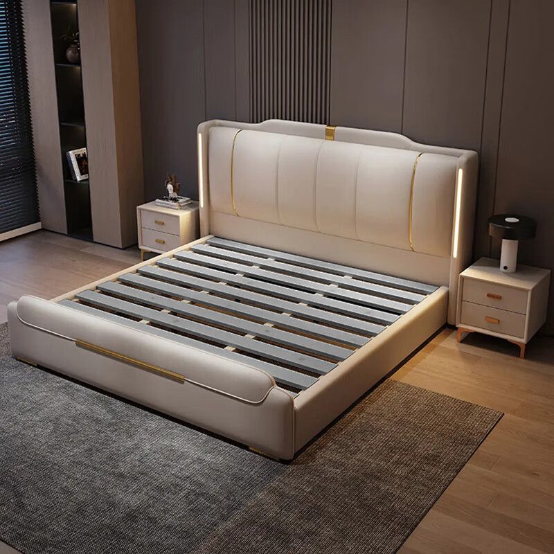 意式真皮床轻奢现代简约双人床主卧室带灯婚床家用软包实木储物床高清大图