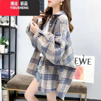 YIBUSHENG格子衬衫女早秋新款设计感小众宽松长袖薄款外套复古港风款B感休 M90-150斤 春秋蓝色