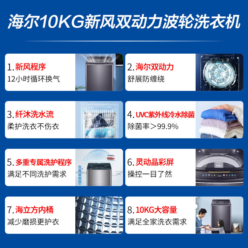 海尔(Haier)10公斤直驱变频双动力波轮洗衣机1级能效全自动家用大容量波轮防缠绕除菌晶彩屛XQS100-BZ368T高清大图