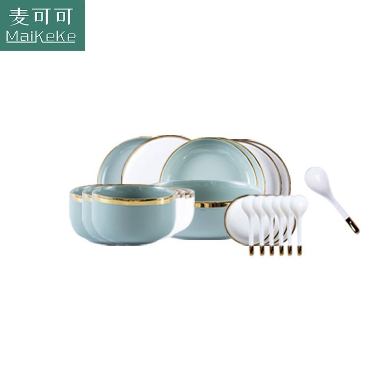 麦可可 北欧陶瓷碗家用碗碟套装创意轻奢碗盘碗筷盘子组合金边菜盘汤碗