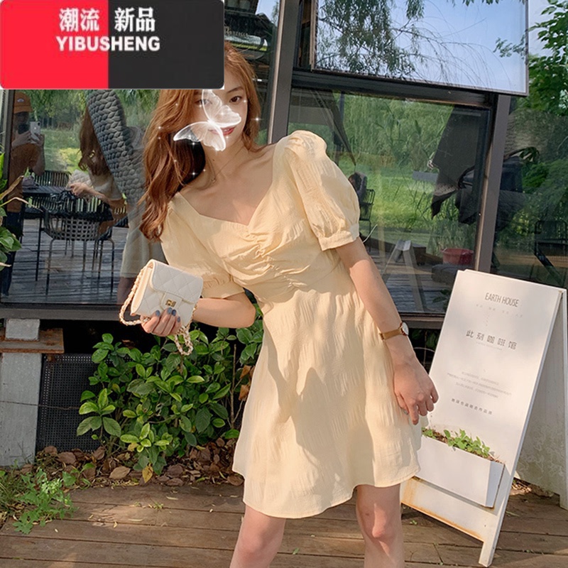 YIBUSHENG连衣裙女法式气质仙泡泡袖露背短裙森系复古显瘦设计感小众裙子高清大图