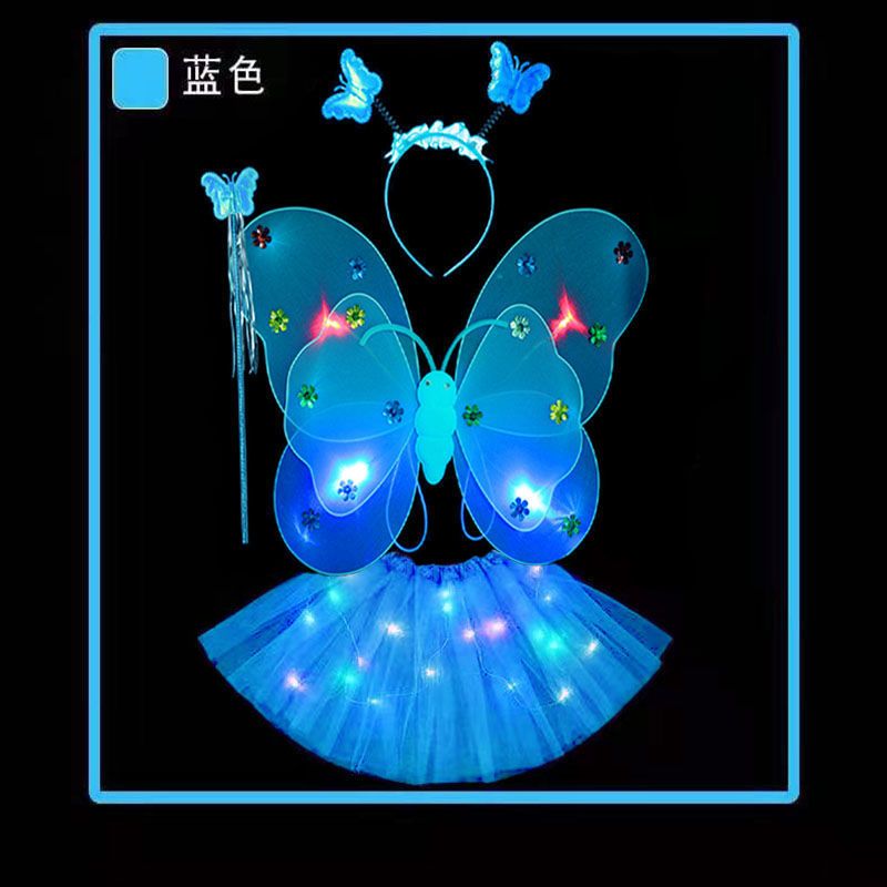 全身发光蝴蝶翅膀小女孩奇妙仙子三件套舞台道具儿童花仙子魔法棒 单层无灯翅膀三件套-紫色