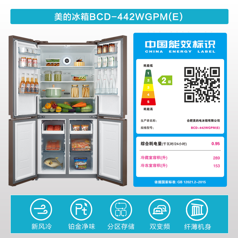美的(Midea)442升家用十字对开门冰箱玻璃面板铂金净味变频节能风冷无霜BCD-442WGPM(E)